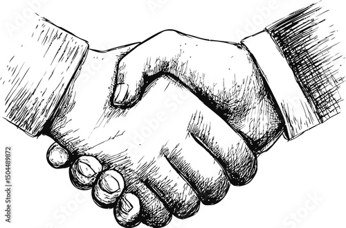 Black and white sketch of two hands shaking in agreement, symbolizing partnership. Vector illustration