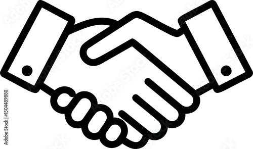 Black and white outline of two hands shaking to symbolize agreement. Vector illustration