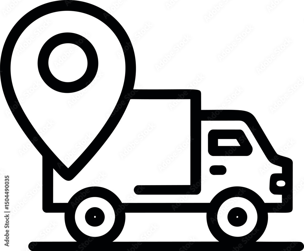 Outline of delivery truck with location pin symbolizing logistics service. Vector illustration Outline of delivery truck with location pin symbolizing logistics service. Vector illustration