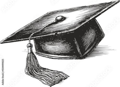 Vintage illustration of a graduation cap with tassel in black and white. Vector illustration