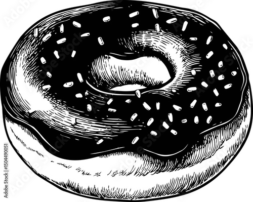 Black and white sketch of a donut with sprinkles, vintage illustration. Vector illustration
