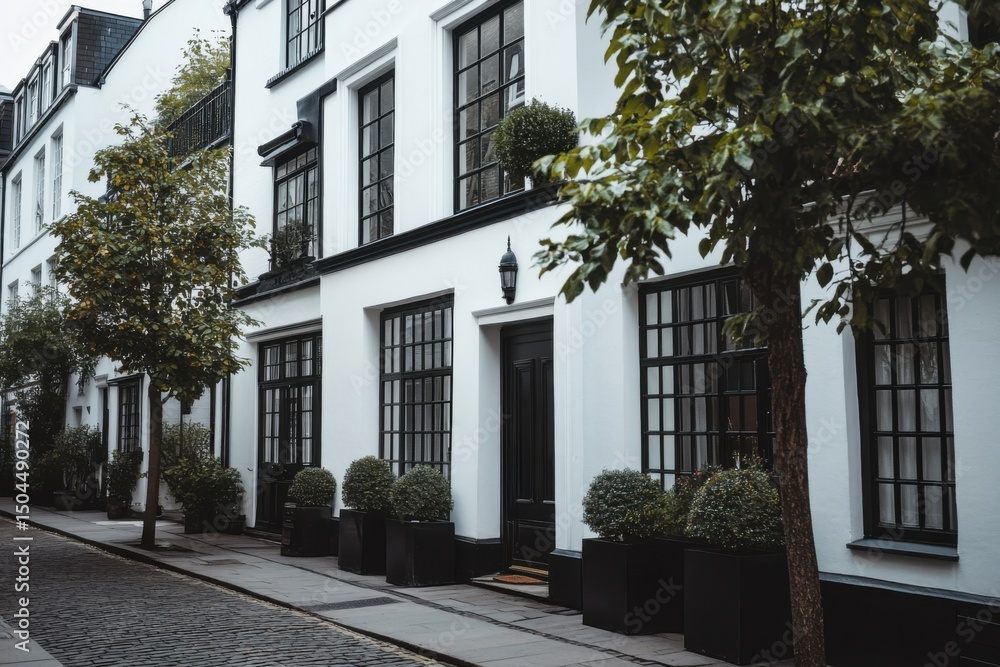 Obraz premium Elegant white townhouses line a tranquil street in a historic neighborhood, showcasing lush greenery and charming architecture during a cloudy day in the city