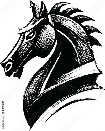 Black and white stylized horse head illustration with bold strokes. Vector illustration