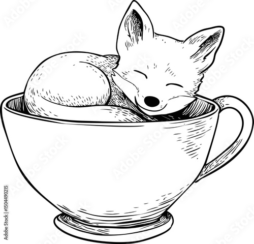 Sleeping fox curled up in large teacup black and white illustration. Vector illustration