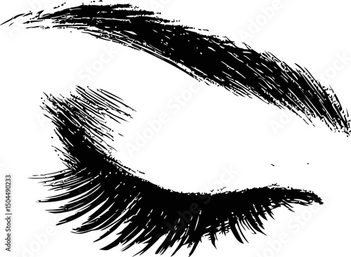 Black sketch of a closed eye with eyebrow and eyelashes in artistic style. Vector illustration