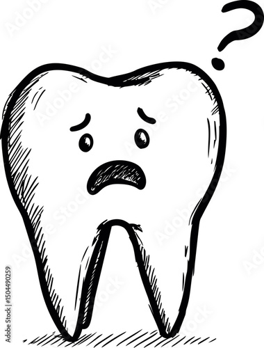 Sketch of a sad tooth with a questioning expression and question mark above. Vector illustration