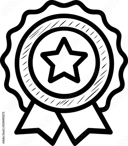 Award ribbon with star outline in black and white, symbol of achievement. Vector illustration
