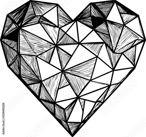 Geometric heart illustration in black and white, intricate polygonal design. Vector illustration