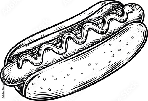 Black and white sketch of a hot dog with mustard on a bun. Vector illustration