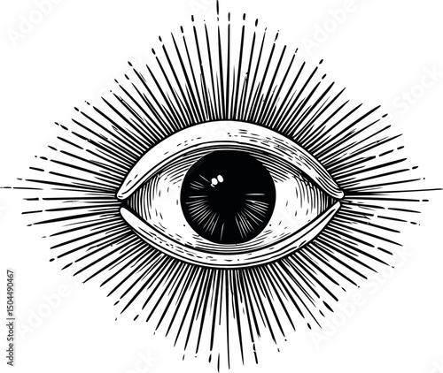 Mystical eye with sunburst in black and white, esoteric symbol illustration. Vector illustration