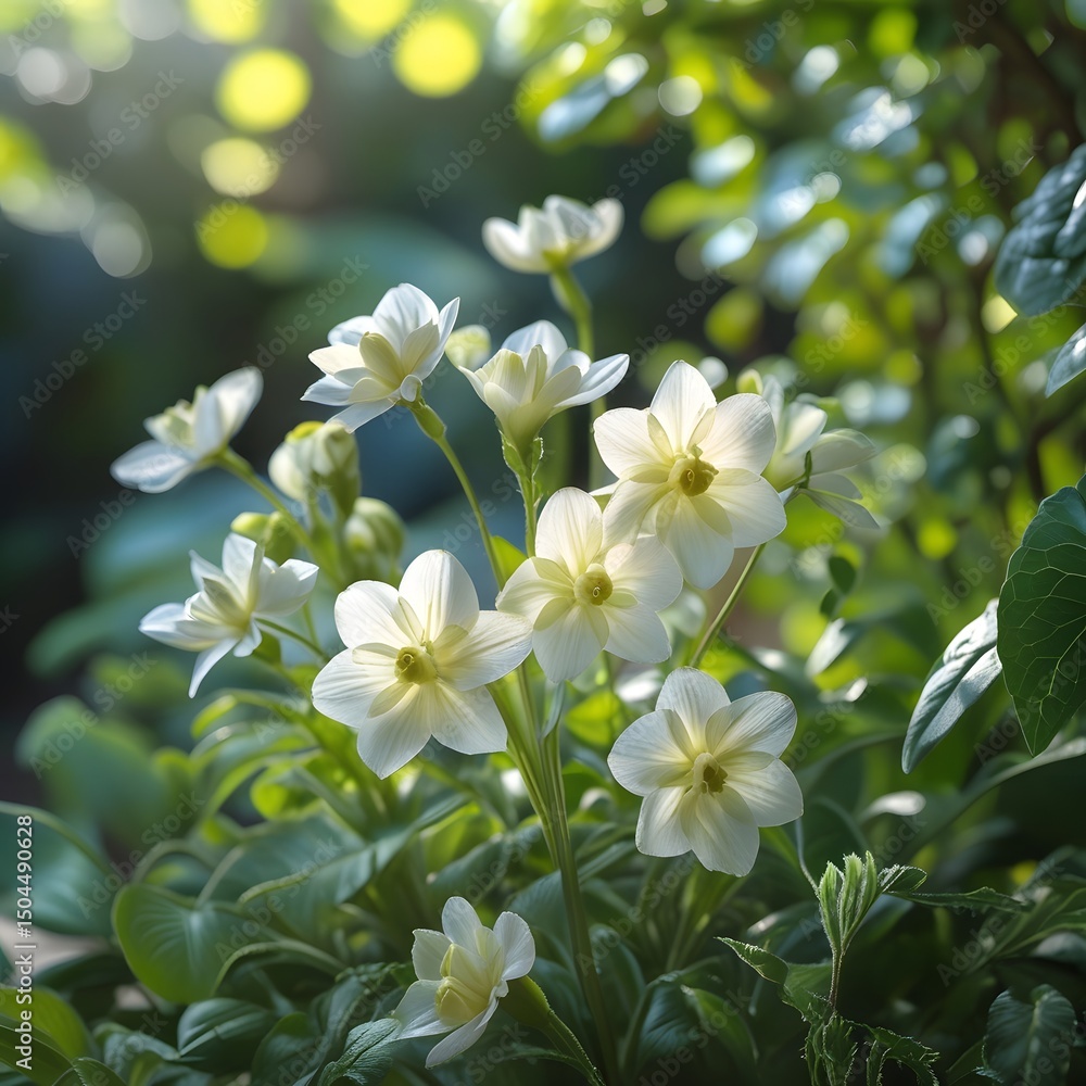 A close-up of delicate white flowers with subtle hints of cream and soft yellow centers, set against a lush backdrop of vibrant green leaves