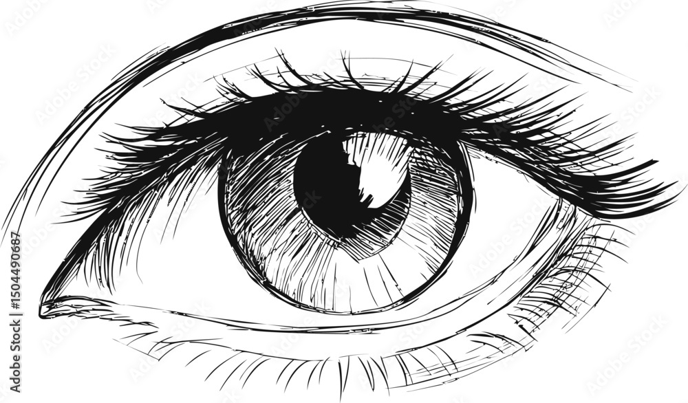 Obraz premium Sketch of a detailed eye with long eyelashes in black and white illustration. Vector illustration