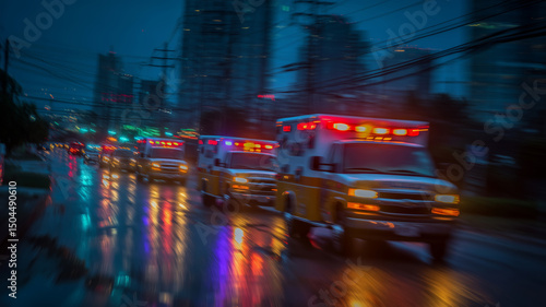 Ambulances race down a rainy street to assist victims in urgent need