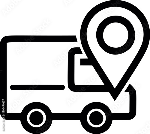 Black and white delivery truck icon with location pin symbolizing navigation. Vector illustration