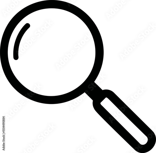 Black and white magnifying glass icon symbolizing search and exploration. Vector illustration