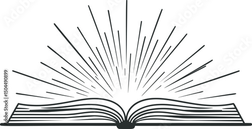 An open book with radiating lines symbolizing knowledge and enlightenment. Vector illustration
