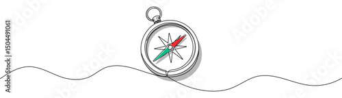 One continuous line drawing of traveler compass. Old navigate and adventure symbol in simple linear style. Editable stroke