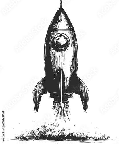 Black and white sketch of a retro rocket launching into space, concept art. Vector illustration