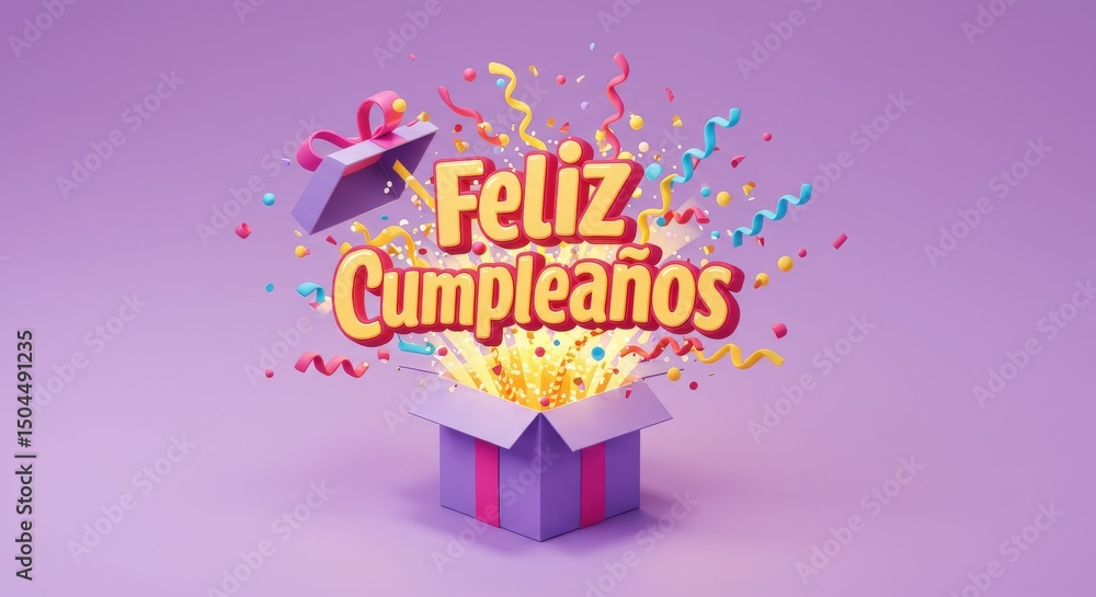 Fototapeta premium Feliz Cumpleaños Text Exploding from Gift Box with Confetti | Colorful Birthday Greeting for Celebration Marketing, Social Media, and Birthday Cards