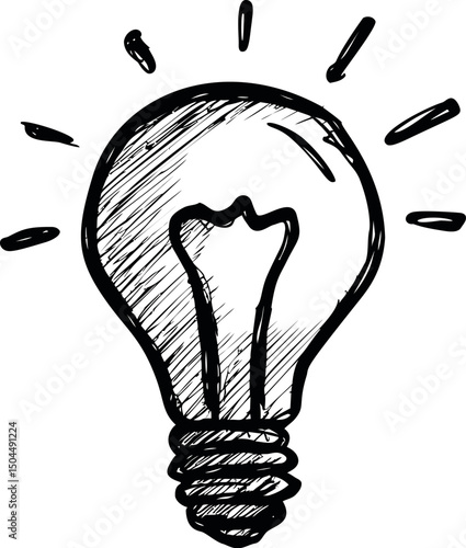 Sketch of a light bulb in black and white with radiant lines, concept of ideas. Vector illustration