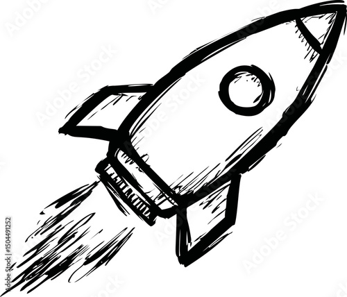 Black and white sketch of a rocket launching into space illustration. Vector illustration
