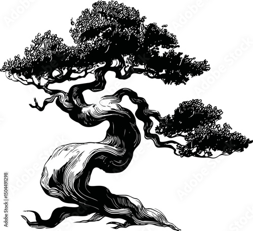 Stylized ink illustration of a twisted bonsai tree with intricate branches. Vector illustration