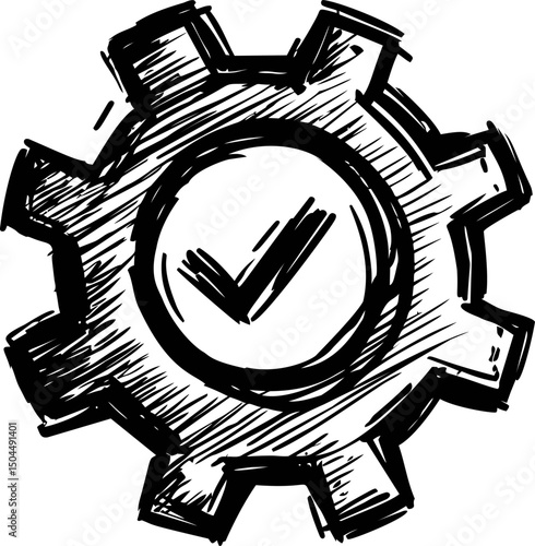 Sketch style gear with checkmark symbolizing quality assurance. Vector illustration