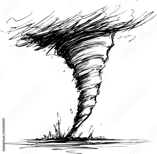 Black and white sketch of a swirling tornado in dynamic motion. Vector illustration