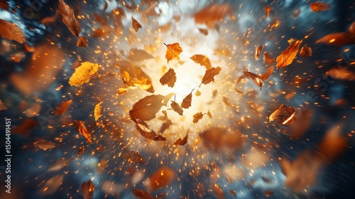 Exploding golden autumn leaves with a bright light source
