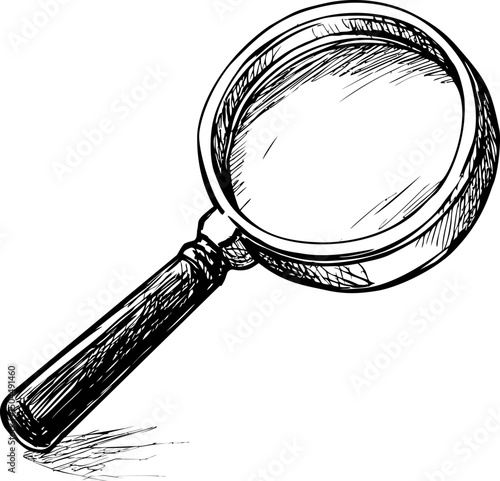 Hand-drawn sketch of a magnifying glass with detailed shading in black and white. Vector illustration