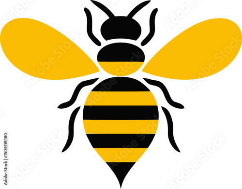 Graphic illustration of a yellow and black bee with spread wings, vector design. Vector illustration