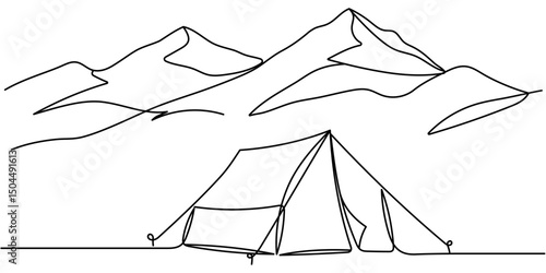 Single continuous line drawing tent camping in outdoor travel. Nature tourism, journey, adventure. Tent element concept. Camping travel tent equipment. Editable stroke
