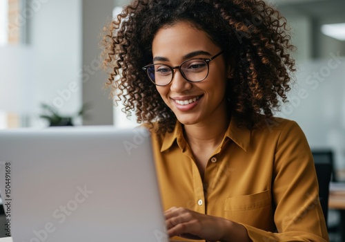 An african american businesswoman smiling while working on a laptop computer indoors.