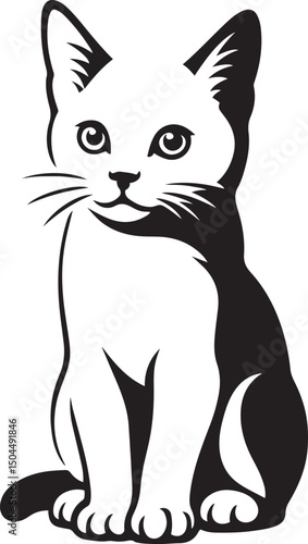 Kitten silhouette in black and white, Cute playful kitten profile illustration
