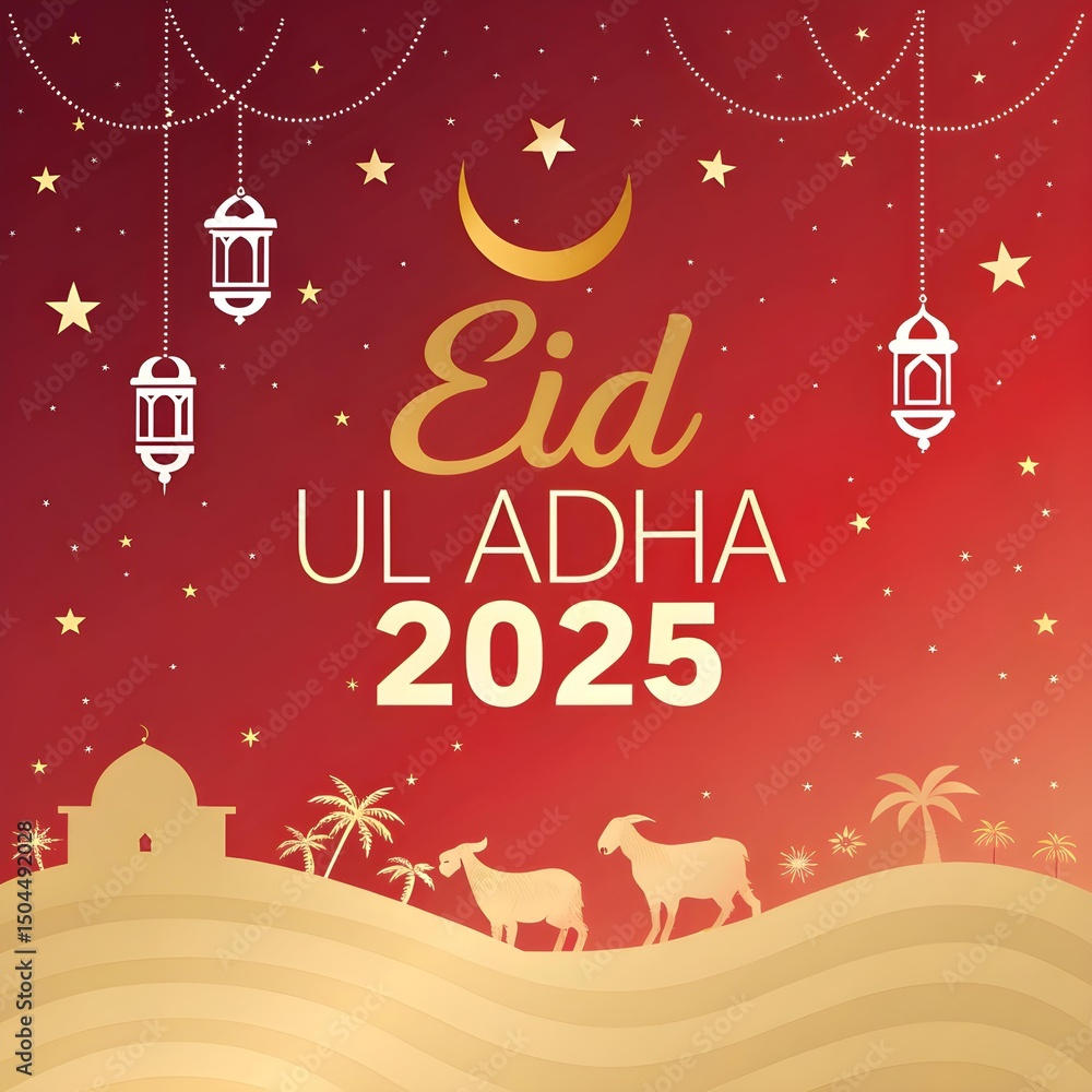 Naklejka premium Elegant Eid Ul Adha 2025 Celebration Background with Festive Decorations