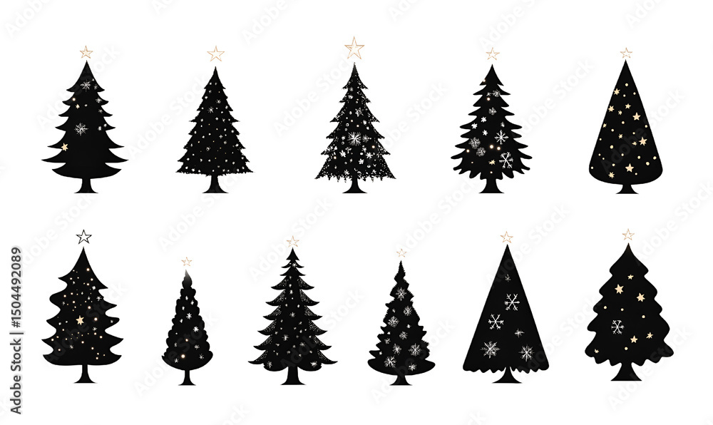 Obraz premium Elegant collection of christmas trees illustrations with detailed outlines and snowflake and star decorations on a black background