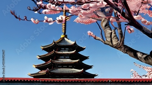 Clockwork samurai crane fighting mechanized tengu with steel feather blades on a pagoda rooftop, cherry blossoms falling, Ukiyo-e style.