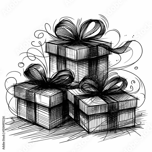 Christmas gift boxes with bows in black and white sketch