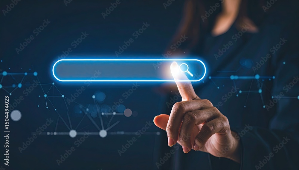 Fototapeta premium Woman's hand touching interactive search bar with glowing elements, depicting technology and digital exploration concept