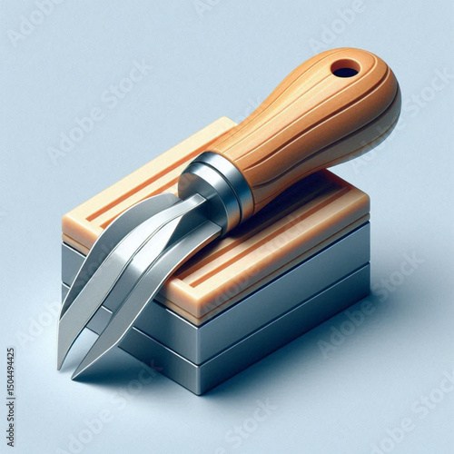Gardening tool with wooden handle resting on stacked metal boxes
