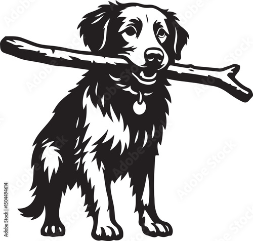 Dog holding stick retro style artwork, Vintage pet illustration with stick