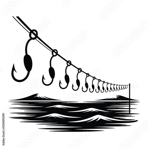 Longline Hook Sequence Silhouette, Vector, Illustration, Icon, Logo, White Background.