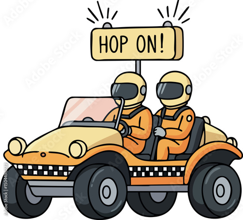Two people driving yellow dune buggy with hop on sign vector illustration 