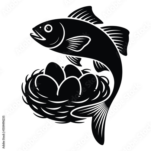 Easter Fish Egg Nest Silhouette, Vector, Illustration, Icon, Logo, White Background.