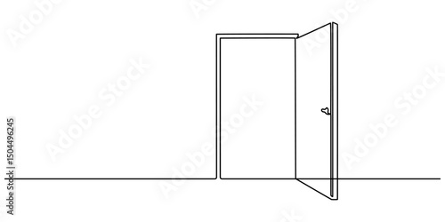 Door outline drawing illustration. one continuous line drawing of opened door, A modern line art depiction of an open door in one continuous line, Open door one line illustration, welcome sign minimal