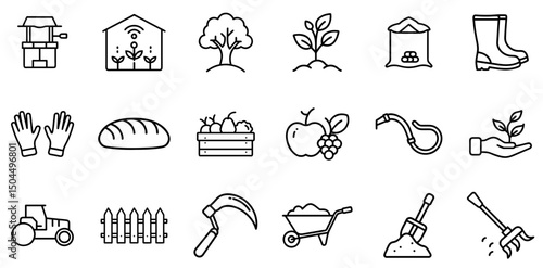 Agriculture and Organic Farming Icons – Smart Greenhouse, Tree, Fruit Basket, Seedling, Tractor, Tools, Sack, Shovel, Bread, Worm, Gloves for Garden and Harvest
