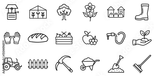 Agriculture and Farming Icons – Greenhouse, Tractor, Tree, Produce Crate, Seedling, Hose, Tools, Barn, Gloves, Fence, Wheelbarrow, Shovel for Garden and Harvest