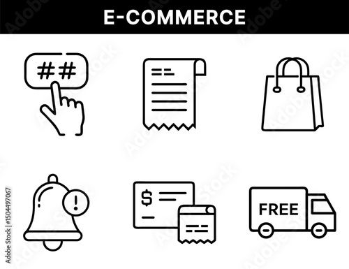 E-Commerce and Online Shopping Icons – Promo Code, Invoice, Shopping Bag, Alert Notification, Credit Card Payment, Free Delivery Truck for Digital Retail UI