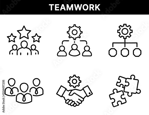 Teamwork and Organizational Icons – Team Stars, Group Structure, Business Collaboration, Handshake Gear, Puzzle Connection for Leadership and Project Planning
