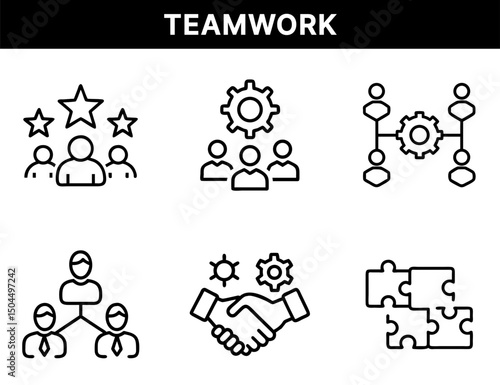 Teamwork and Organizational Icons – Team Stars, Group Structure, Business Collaboration, Handshake Gear, Puzzle Connection for Leadership and Project Planning